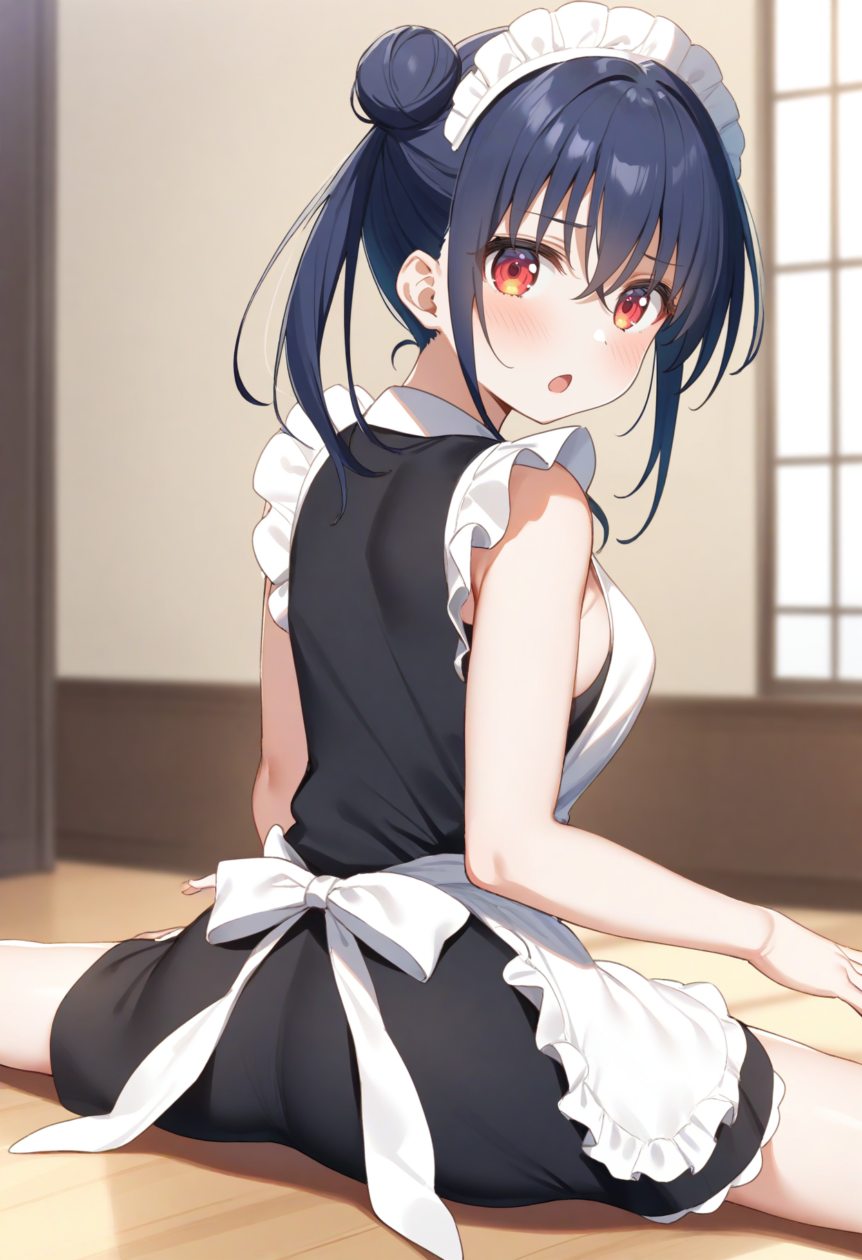 1girl,sincos, ningen mame, toosaka asagi,solo,medium breasts,20yo,maid,maid headdress,
stretching leg, stretch, sitting, spread legs,<lora:stretchingleg_XL_v1:0.8>
from behind, cowboy shot, looking back, blue hair, red eyes,blush, open mouth, hair bun hair,,
best quality, very aesthetic, absurdres