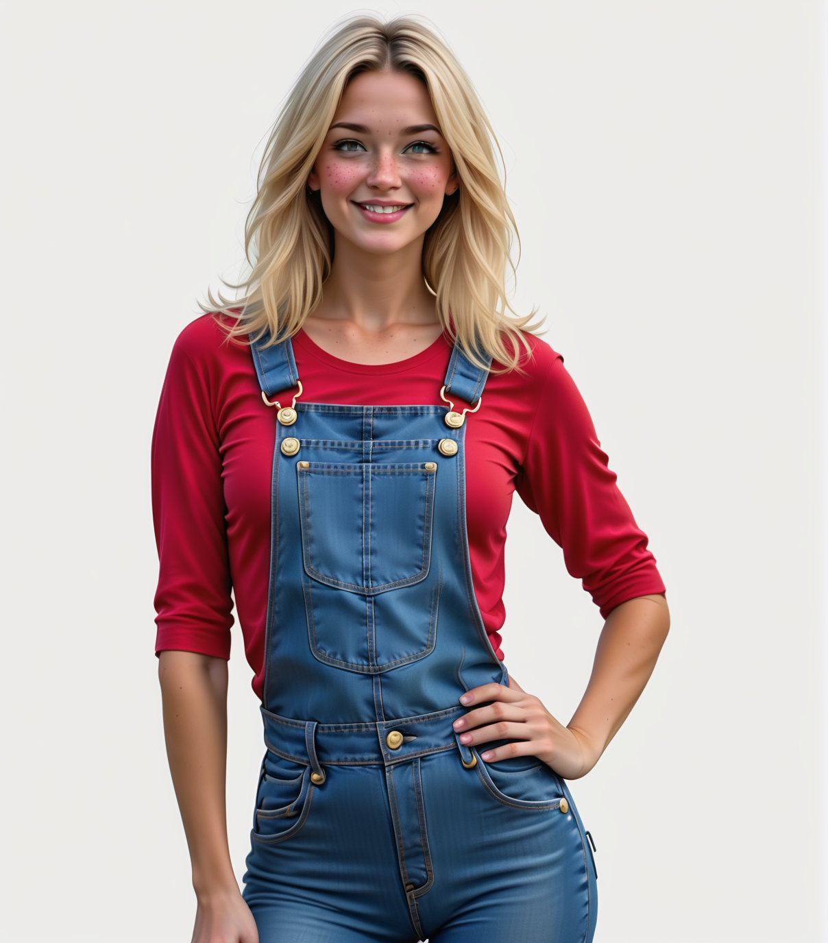 hand on hip, simple white background  <lora:CountryGirlSally:0.7> CountryGirlSally, blue overalls, red shirt
