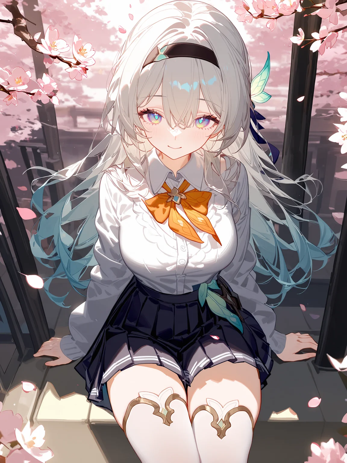 illustration, incredibly absurdres, ultra detailed, masterpiece, best quality, perfect features, intricate details, ray tracing, very aesthetic, (hitenkei, askzy:0.4), <lora:XL-aesthetic_anime:1:hr=0.1>, <lora:XL-detailed_notrigger:1:hr=0.5>, <lora:Char-HonkaiSR-Firefly-V4-SDXL:0.9>, 1girl, firefly \(honkai: star rail\), hairband, solo, school uniform, white shirt, sweater, pleated skirt, white thighhighs, light smile, looking at viewer, outdoors, street, cherry blossoms, petals, depth of field