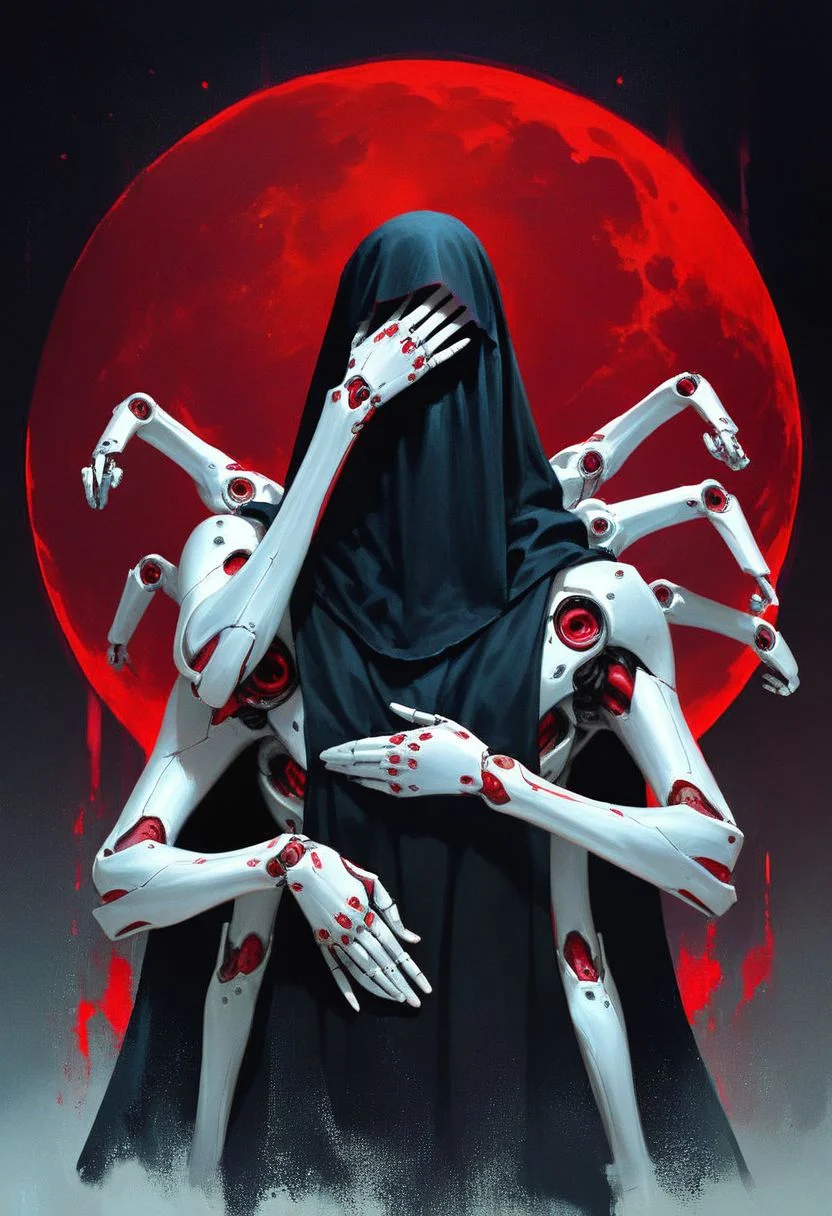 score_9, score_8_up, source_anime, (bulky design), ((mechanical body, no face, fully white body)), 2 arms, night, detailed background, realistic, black cloak, (red face veil covering face), bright background, red moon in background