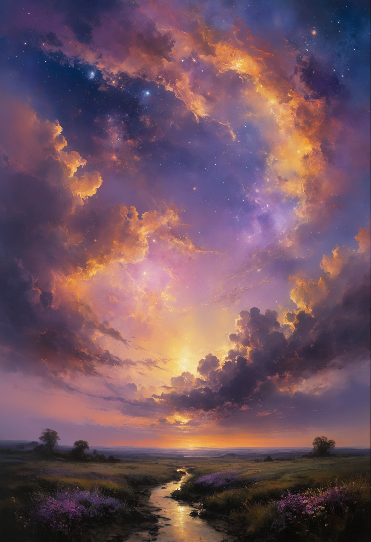famous artwork by (maurice sapiro:1.4), beautiful painting of the ethereal landscapes in the mysterious twilight light, the whisper of forgotten memories breaking the silent silence, lonely stars in the velvet sky, unbearable sadness and bitter joy, longing for the past in lilac shades. High resolution details, ultra detailed, 8k, uhd, studio photo quality,  OverallDetailXL,  <lora:Detailed_notrigger:1> <lora:SDXLFaeTastic2400:0.4>