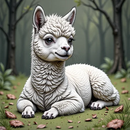 an alpaca lying on the grass, in the style of hyp3rd3tail