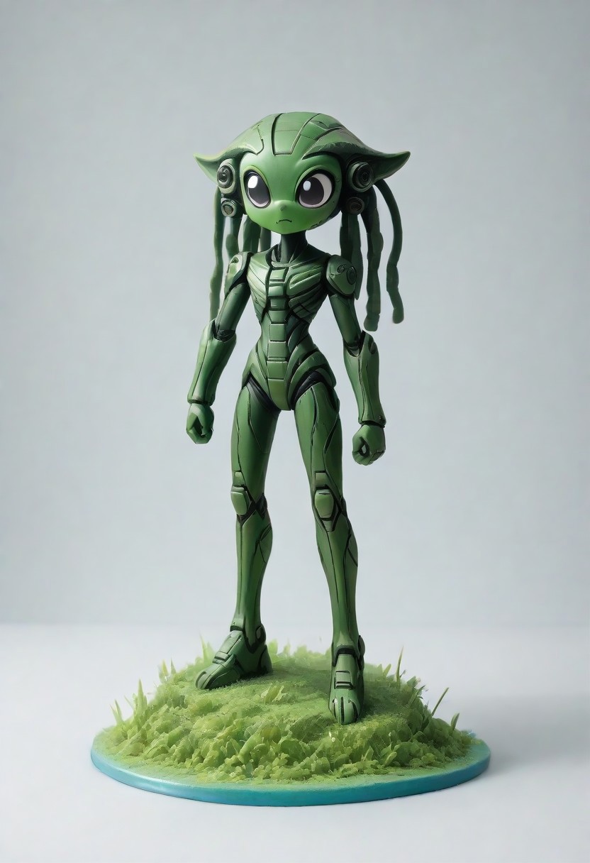 zPDXL3, extremely detailed masterpiece, dynamic, awesome quality, clay figurine, funny green alien, amazing, incredible detail, big head, black eyes, Martian, no clothes, cute