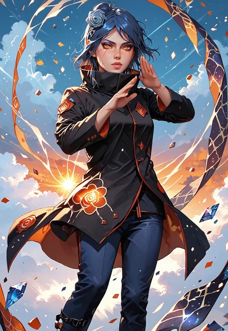 ((zPDXL3)), ((masterpiece,best quality, highly detailed)), ((score_9)), score_8_up, score_7_up, score_6_up, score_5_up, score_4_up, Digital painting style, brushstrokes, ((EnhanceImage)), solo, 1girl, konan (naruto), makeup, orange eyes, blue hair, short hair, single hair bun, hair flower, medium breasts, high collar, black coat, coat with cloud print, long sleeves, pants, sandals, origami, swirls of origami, origami cranes, 
Expressiveh, 30yo, adult lustful confident woman, petite, slender body, perky saggy natural breasts, full lips, bangs, sidelocks, straps,
chinese magical sorceress, animated, swirling magic, wisps of magic, ((dancing pose)), tight squeezed outfit, magical accessories, evoking motion, conveying motion, dynamic splash art, 
<lora:PainterlyFantasiaPDXL:0.6>,
<lora:Konan:1>,