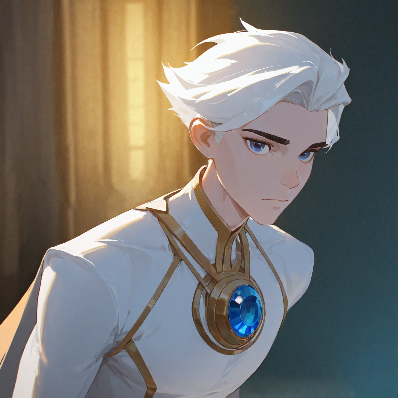 <lora:NICE:1>mr_nice, solo, looking at viewer, short hair, 1boy, closed mouth, jewelry, upper body, white hair, male focus, blurry, cape, dark blue eyes, blurry background, expressionless, gem, brooch, gold trim, robe, blue gemstone, white robe, shirt, white shirt, detailed background, motion blur, film grain, abstract, natural lighting, fantasy, cinematic, dynamic view, tilted angle, very awa, masterpiece, best quality, absurdres, newest, perfect quality, detailed background, intricate details,  (artist:fl \(l-fl\):0.7), (artist:tooboshoo:0.7), (artist:dizdoodz:0.8)