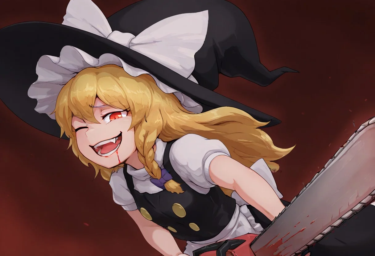 best quality, hires,
1girl, solo, kirisame marisa,
unusually open eyes, one eye closed, half-closed eye,
smile, open mouth, fang,
side braid, long hair, witch hat, hat bow, hair bow,
star \(symbol\),
holding, holding chainsaw, red eyes, crazy smile,
blood,
dynamic pose,