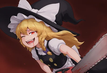 best quality, hires,
1girl, solo, kirisame marisa,
unusually open eyes, one eye closed, half-closed eye,
smile, open mouth, fang,
side braid, long hair, witch hat, hat bow, hair bow,
star \(symbol\),
holding, holding chainsaw, red eyes, crazy smile,
blood,
dynamic pose,