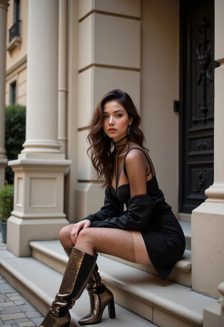 sexy (high fashion knee-high metal-knitted high-heel boots), high fashion, beautiful young woman, fishnet stalkings, black miniskirt, sitting on steps to building, knees slightly apart, looking at camera, image taken from street