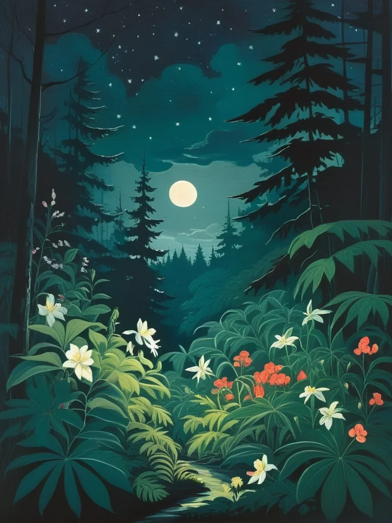 <lora:NatureLandscapePainting01_Hap_XL:1>,  flowers, dense lush forest at night, by Emma Andijewska, dark