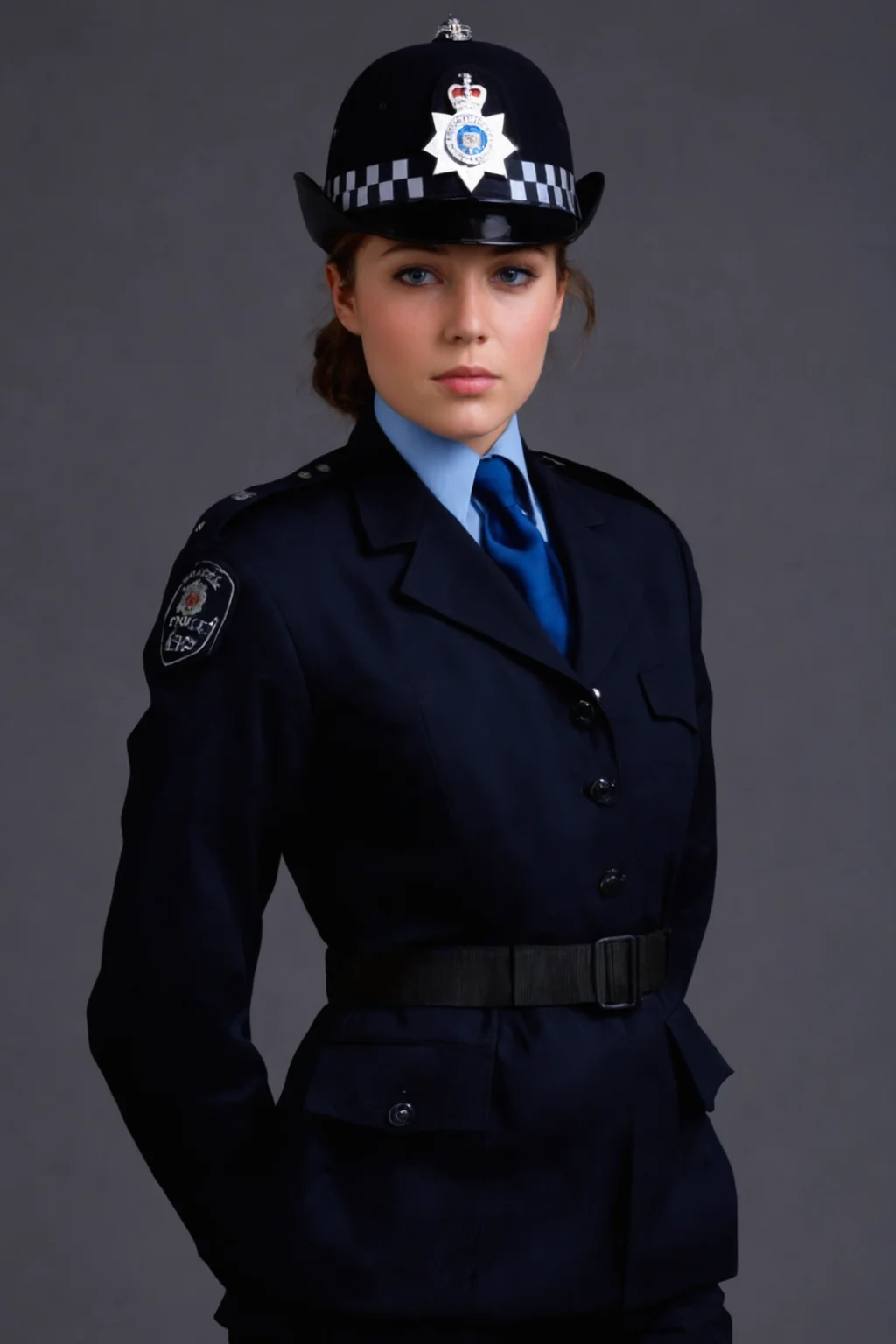 a young woman, <lora:ConstableUniform:0.8> constableuniform, uniform, helmet badge, headwear, black constable helmet, police uniform, black jacket, black overcoat, blue collared shirt, blue shirt, black necktie, short sleeves, black pants, black shoes,  (detailed face), (detailed lips), (detailed eyes), black belt, In a photo studio