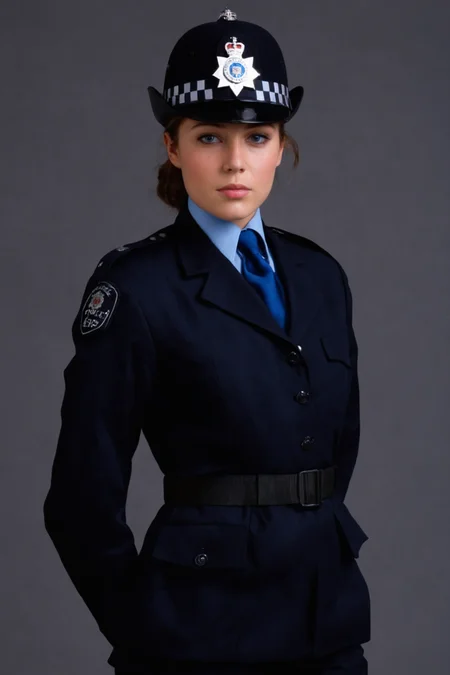 a young woman, <lora:ConstableUniform:0.8> constableuniform, uniform, helmet badge, headwear, black constable helmet, police uniform, black jacket, black overcoat, blue collared shirt, blue shirt, black necktie, short sleeves, black pants, black shoes, (detailed face), (detailed lips), (detailed eyes), black belt, In a photo studio