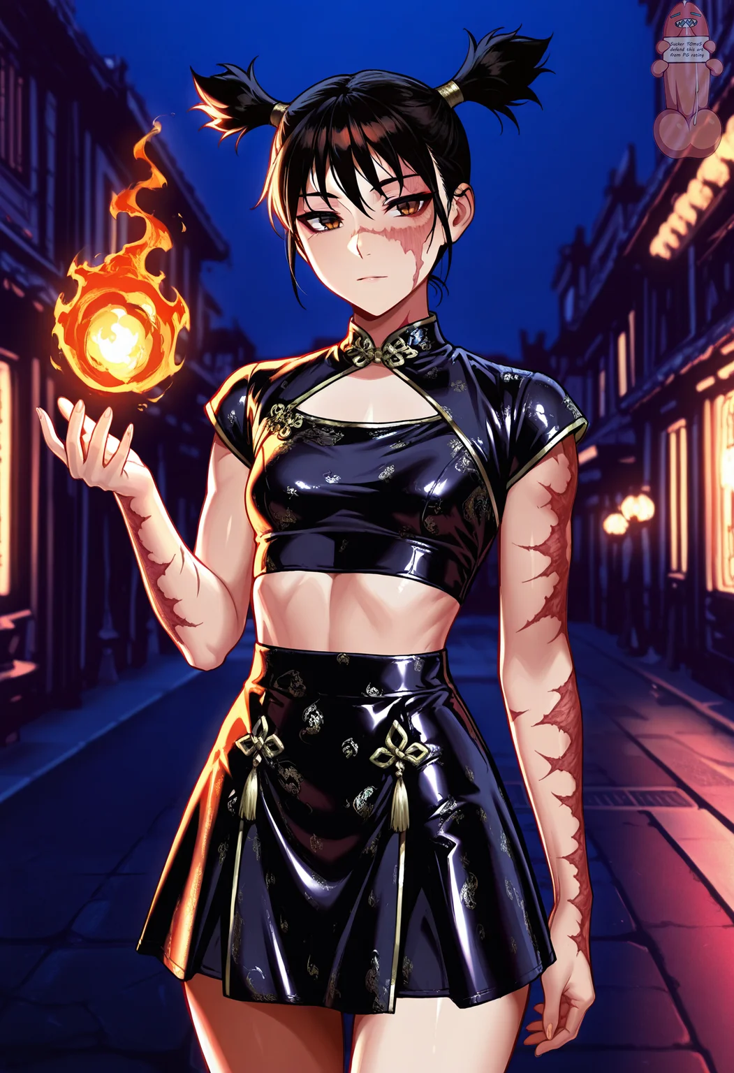 1girl, black hair, twintails, short hair, brown eyes, small lips , burn scar on arms, burn scar on face, small breasts,
cowboy shot, night, crovded street, one hand up, fireball, magic, front view,
chinese clothes, necktop, skirt, midriff, satin clothes, <lora:Chinese_necktop_and_skirt:1>
masterpiece,best quality,amazing quality, <lora:gogalkingIL-style:0.8>
for watermark solo, dick, cum dick, blue eyes, sharp teeth, dick with hands, dick with legs, wawing,
white background, holding a sign,