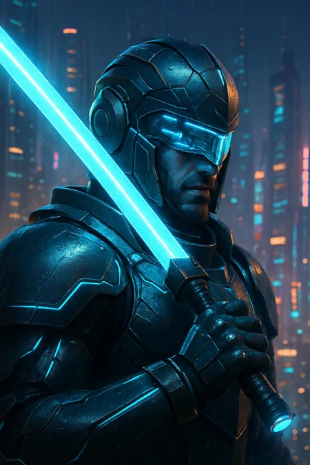 Closeup of a futuristic cyber-knight in sleek, high-tech armor, resting a glowing plasma sword on his shoulder. The armor is a mix of matte black and neon blue accents, with holographic displays flickering across the visor. The sword hums with energy, casting a vibrant blue glow on the knight's determined face. Behind him, a sprawling cyberpunk cityscape glows with neon lights, towering skyscrapers, and flying vehicles. Rain falls softly, reflecting the city's vibrant colors on the knight's armor. Hyper-detailed, sci-fi realism, cyberpunk aesthetic, cinematic lighting, and a sense of futuristic heroism