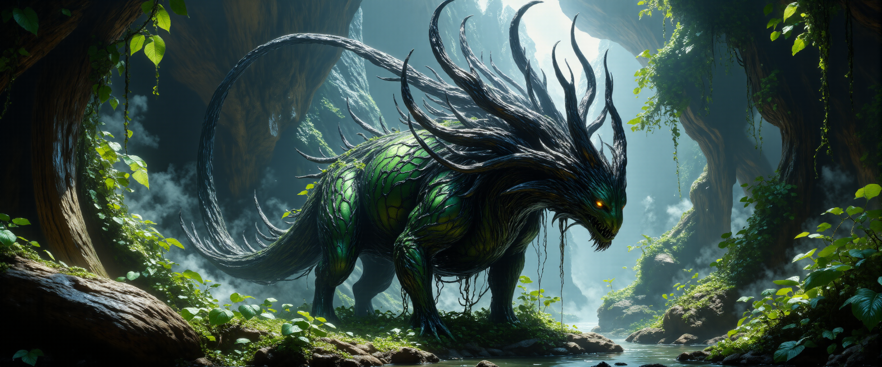 high fantasy style, venturing into the heart of the dense jungle planet "underton v", the galactic explorer might encounter the majestic and enigmatic "gelatinous jabberlumberer", its (iridescent scales:1.3) make it stand out in its environment, while the enormous horns on its tail pulse hypnotically with elminstered energy warning would-be predators of its dangerous poison, extremely detailed and intricate background, hkevil, style of franz xaver winterhalter, aidmamj6.1, <lora:style-beauty_in_evil-flux-by_hailoknight:0.64> <lora:style-franz_xaver_winterhalter-flux-by_tangbohu:0.4> <lora:style-fantastic_landscapes-flux-by_artifyai:0.64> <lora:midjourney_61-v0.2-flux-by_aidma:0.8>
