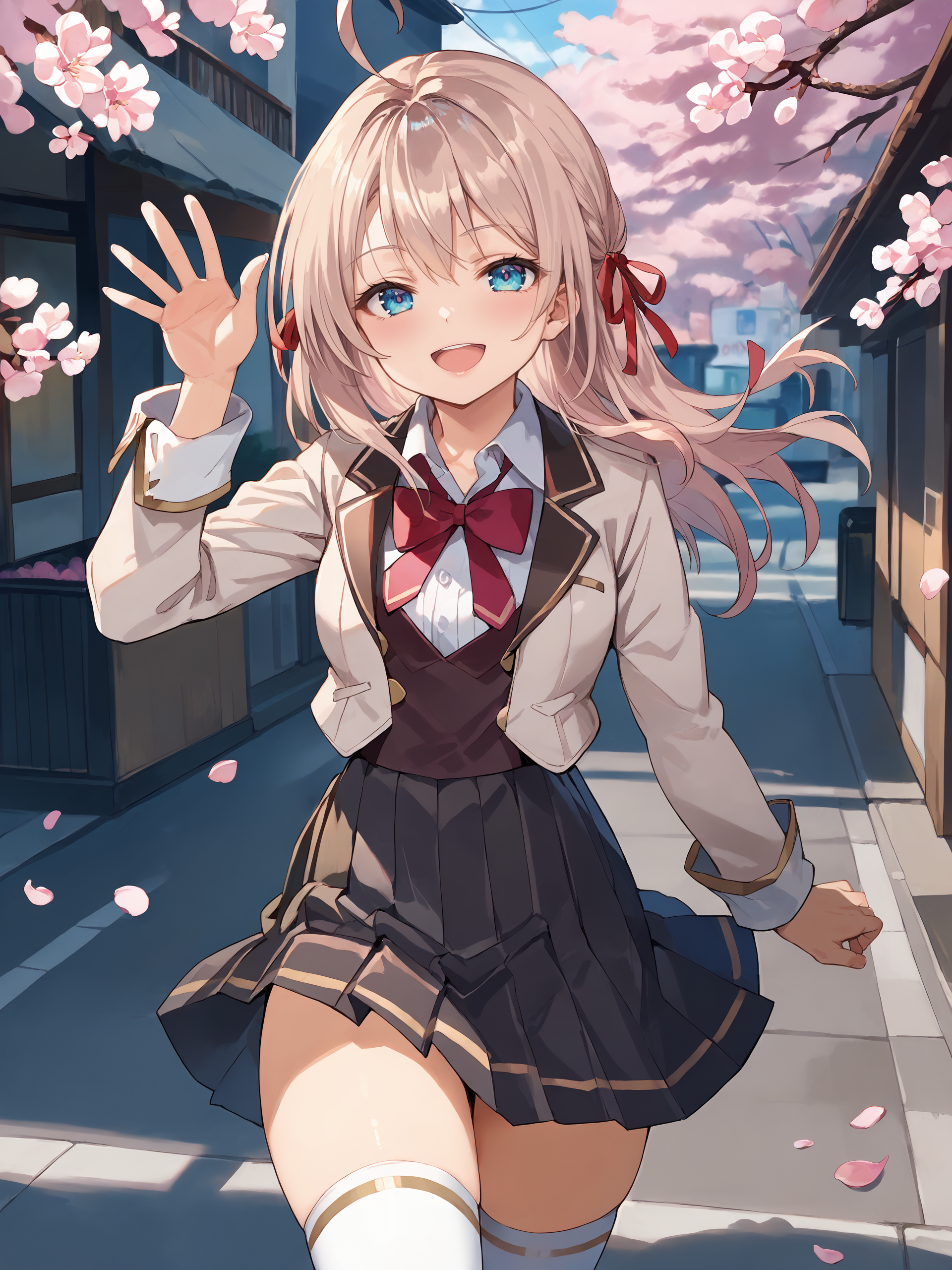 score_9, score_8_up, score_7_up, source_anime, 1girl, alisa mikhailovna kujou, hair ribbon, solo, white thighhighs, pleated skirt, collared shirt, bowtie, smile, hair ribbon, blazer, vest, standing, cowboy shot, smile, open mouth,  looking at viewer, waving, outdoors, street, cherry blossoms, petals, depth of field  <lora:Char-Alis_Mikhailovna_Kujou-pony-V1:1>