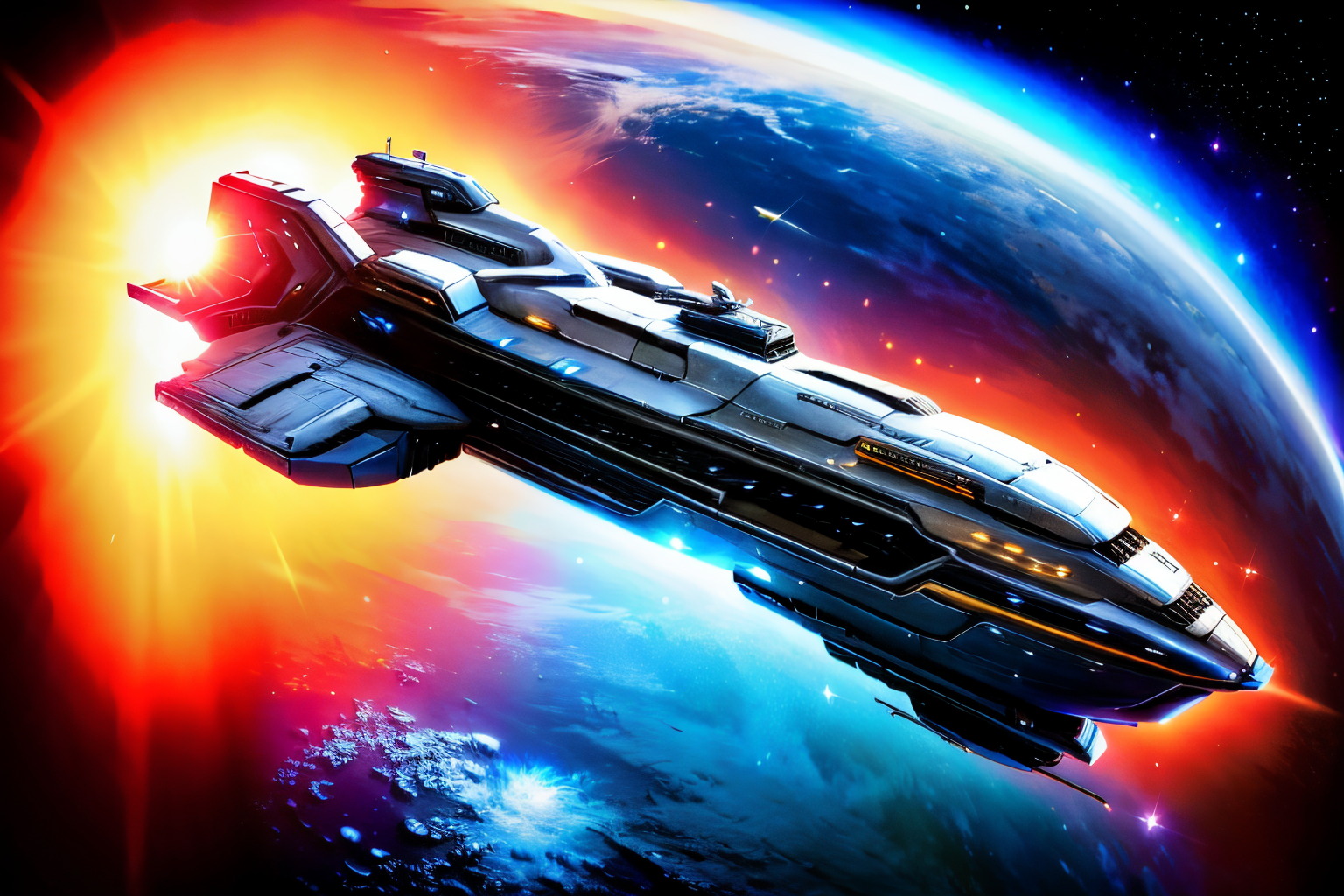 (Realistic:1.5) (masterpiece) holding, retro artstyle, artist name, sky, ship, science fiction, holding gun, galaxy, aircraft, military vehicle, <lora:EdobSpaceShip01_v1.0:0.8>