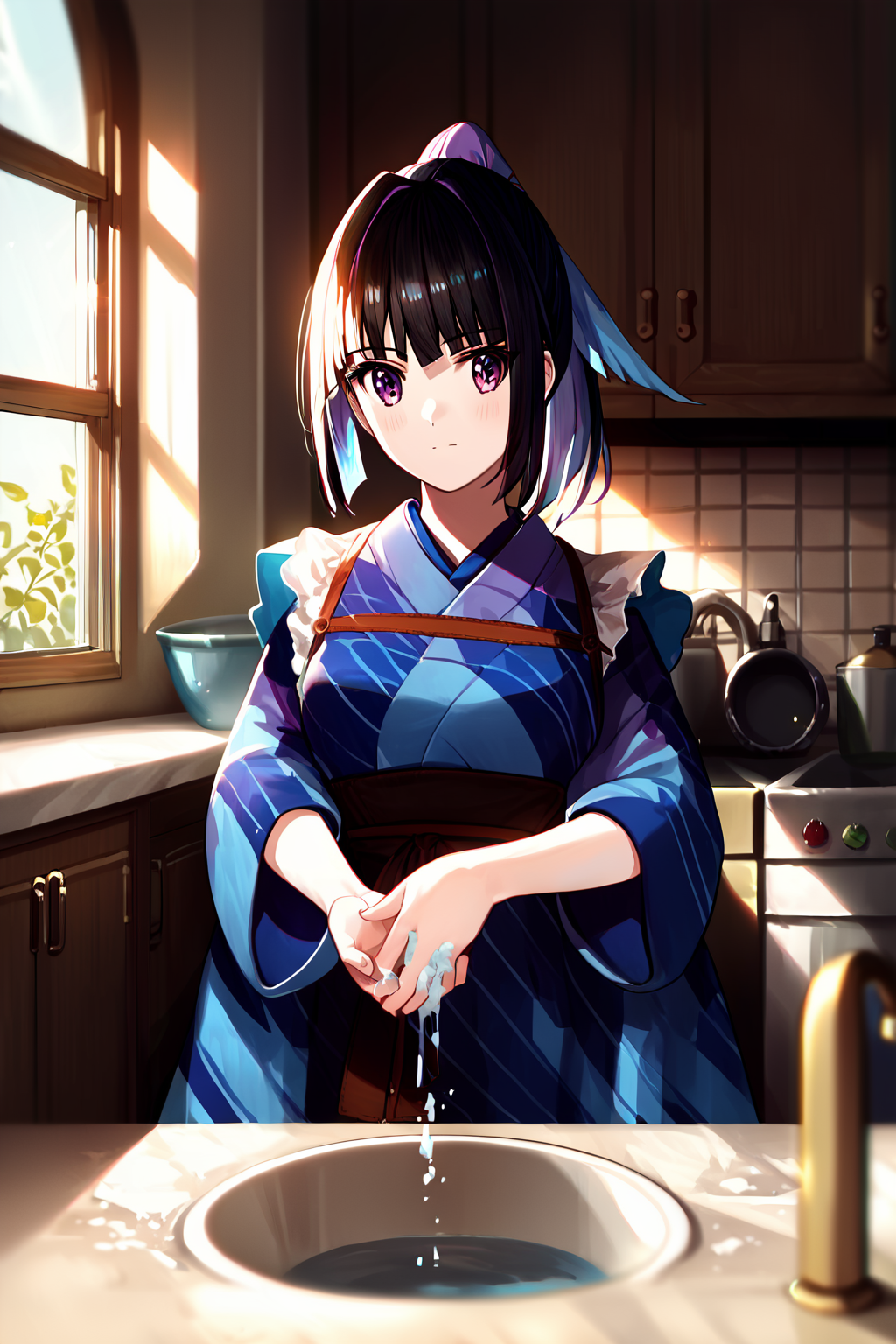 score_9, score_8_up, score_7_up, score_6_up, rating_safe, source_anime, best quality, masterpiece, detailed background, kitchen, sink, washing hands, <lora:karasuba-xl-03:1.2>, karasuba, prima uniform, ponytail, medium breasts,