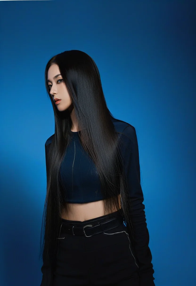 <lora:Editorial_Styles_SDXL:0.7> female, long hair, straight hair, black hair, blue background, studio photography, posing, side profile, young adult, stylish outfit, black outfit, fitted clothing, high contrast, moody lighting, serious expression, contemporary fashion, trendy, sleek hair