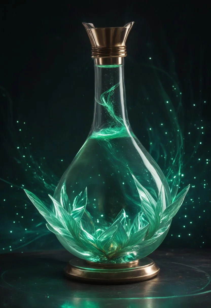 masterpiece, photorealistic, highest quality, 4k, best quality, masterpiece, focused, defined, Photorealistic magic potion, intricate glass bottle, elixir, neon silver, neon green colors, ethereal light, flashy lights, magic lights, luminous, dynamic reflections, magical aura, highly detailed, fantasy essence, glowing particles, radiant aura