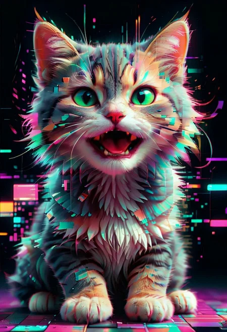 Top quality image of:
adorable cat portrait with digital glitch effects, playful kitten with pixelated distortions, neon color palette, vaporwave aesthetic, CRT screen artifacts, data moshing elements, kawaii style, holographic interference patterns, cyberpunk undertones, iridescent highlights, RGB color splitting, soft pastel background, dramatic side lighting, digital art, glowing edges, retro computer graphics style, square composition, front view portrait, geometric glitch elements, 8-bit influence, synthwave color scheme, technicolor separation
glitch
flickering
digital
glitch style