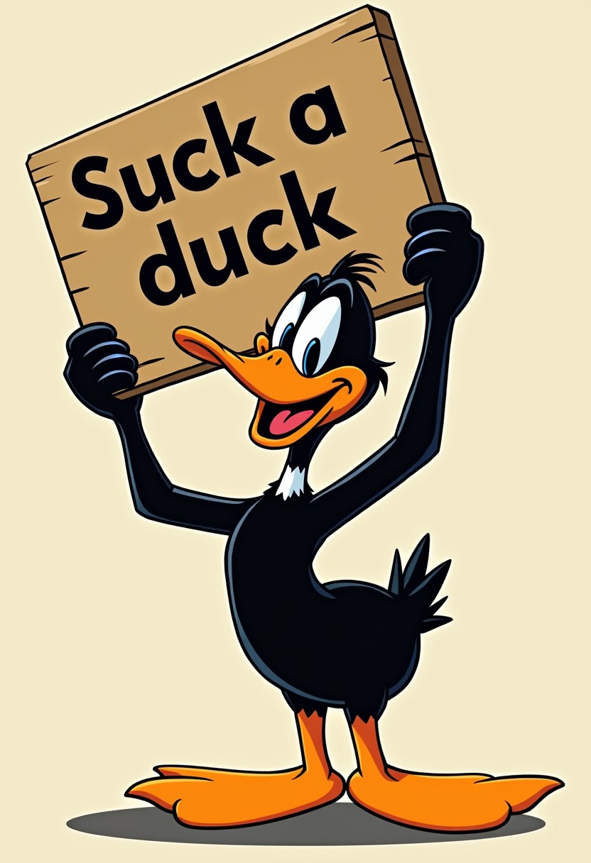 Cartoon Daffy duck holding up a sign that says "suck a duck"