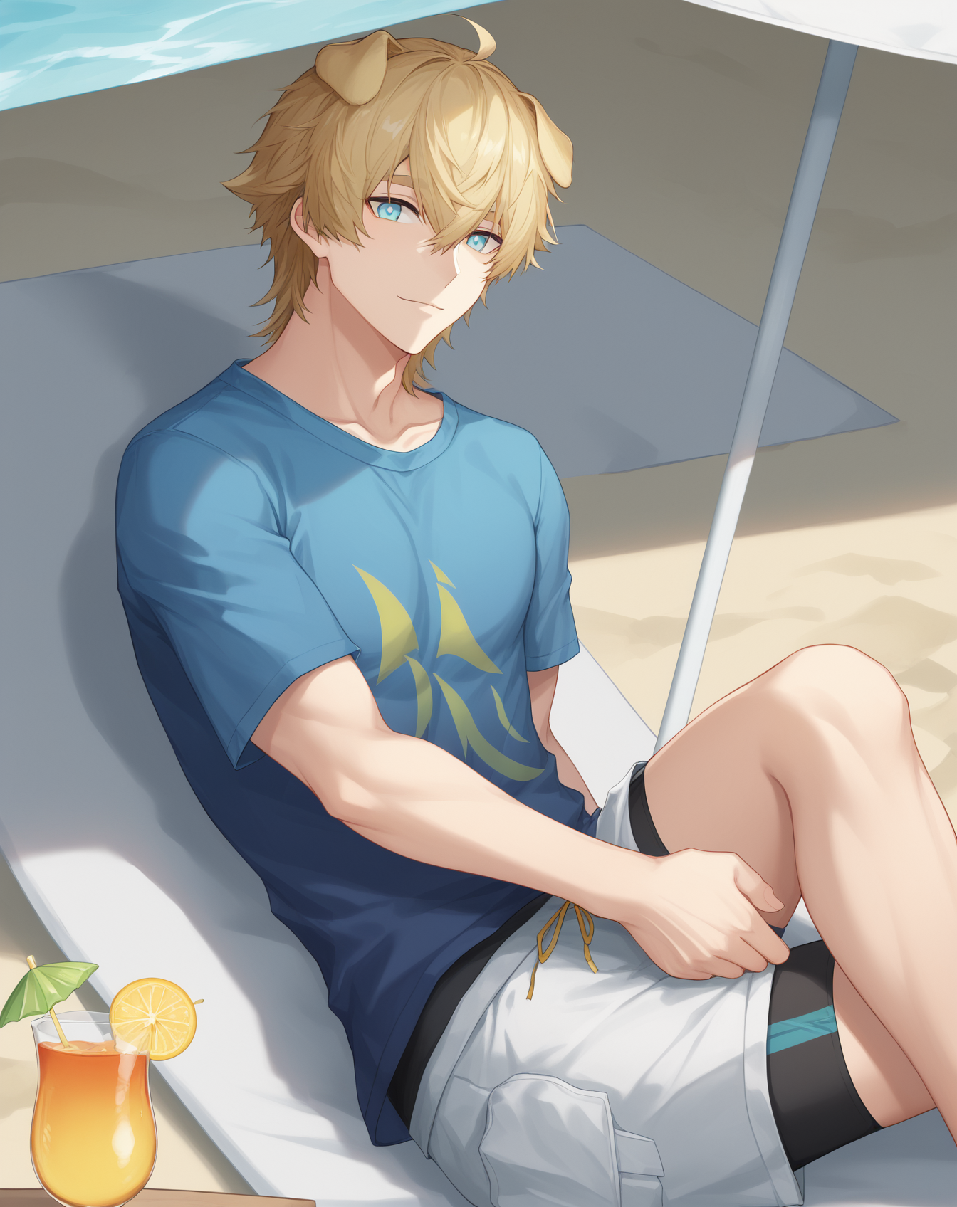score_9, score_8_up, original style, source anime, scenery, BREAK, <lora:Tequila_Pony__Arknights:1>, (tequila_arknights), 1boy, solo, male focus, cowboy shot, straight-on, happy, looking at viewer, shorts, blue shirt, beach, sea, sand, beach umbrella, under umbrella, lying, on back, on_chair, cocktail umbrella,