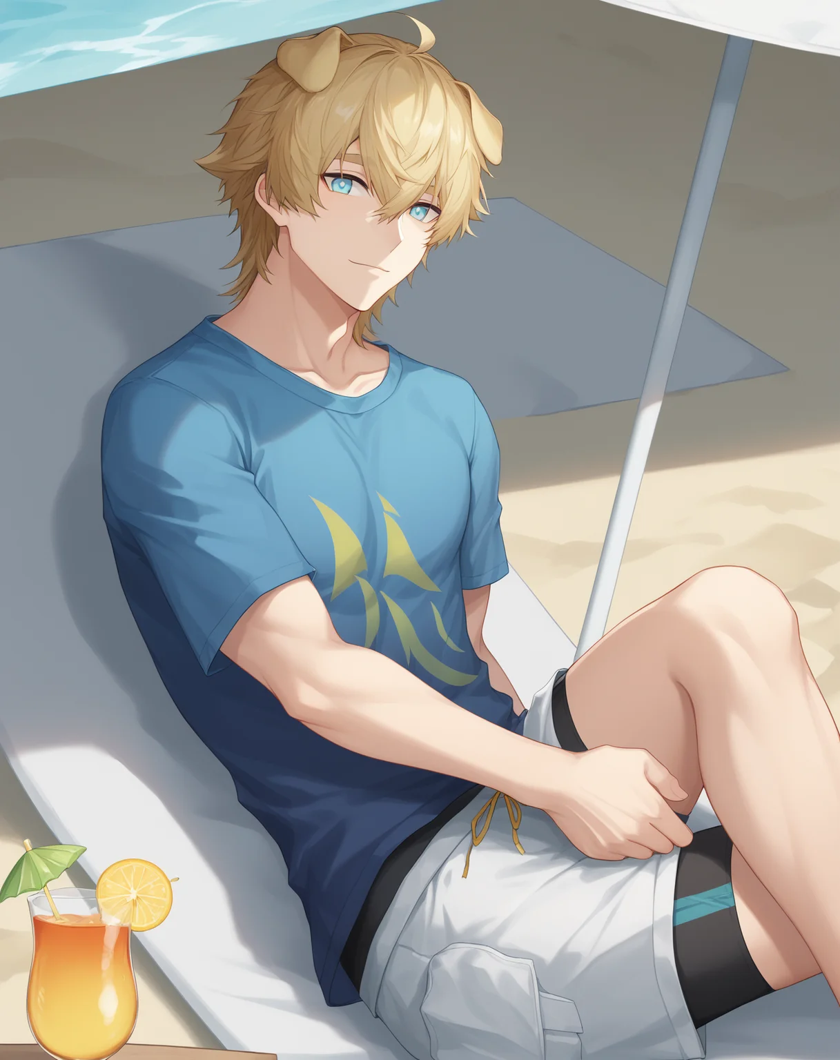 score_9, score_8_up, original style, source anime, scenery, BREAK, <lora:Tequila_Pony__Arknights:1>, (tequila_arknights), 1boy, solo, male focus, cowboy shot, straight-on, happy, looking at viewer, shorts, blue shirt, beach, sea, sand, beach umbrella, under umbrella, lying, on back, on_chair, cocktail umbrella,