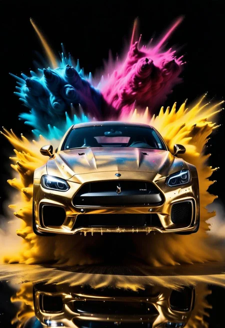 GOLD LIQUID METAL sports car, race car, racing through SILVER LIQUID METAL, liquid metal sprays up from the cars tyres, Car drifting in a black void, huge Colorful Powder Explosion above the car