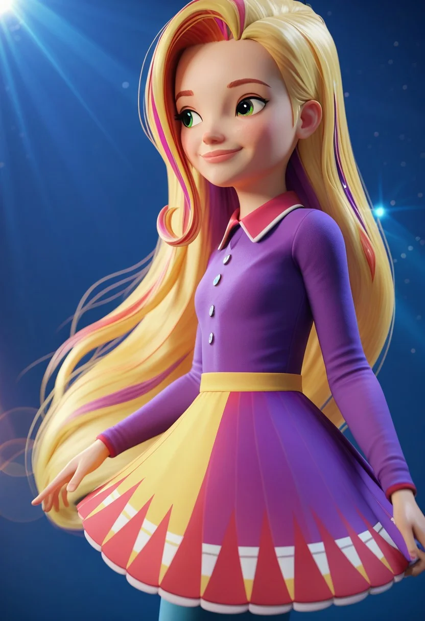 score_9, score_8_up, score_7_up, score_6_up, score_5_up, score_4_up, solo, 3d, graphics rendered by RTX, sidelighting, backlighting, depth of field and lens flare, (style:Generation_6), su_sd, 1girl, long hair, blonde hair, multicolored hair, streaked hair, green eyes, long purple sleeve, skirt, pantyhose, light smile, medium shot, iridescent blue background, cosmic lighting, light rays