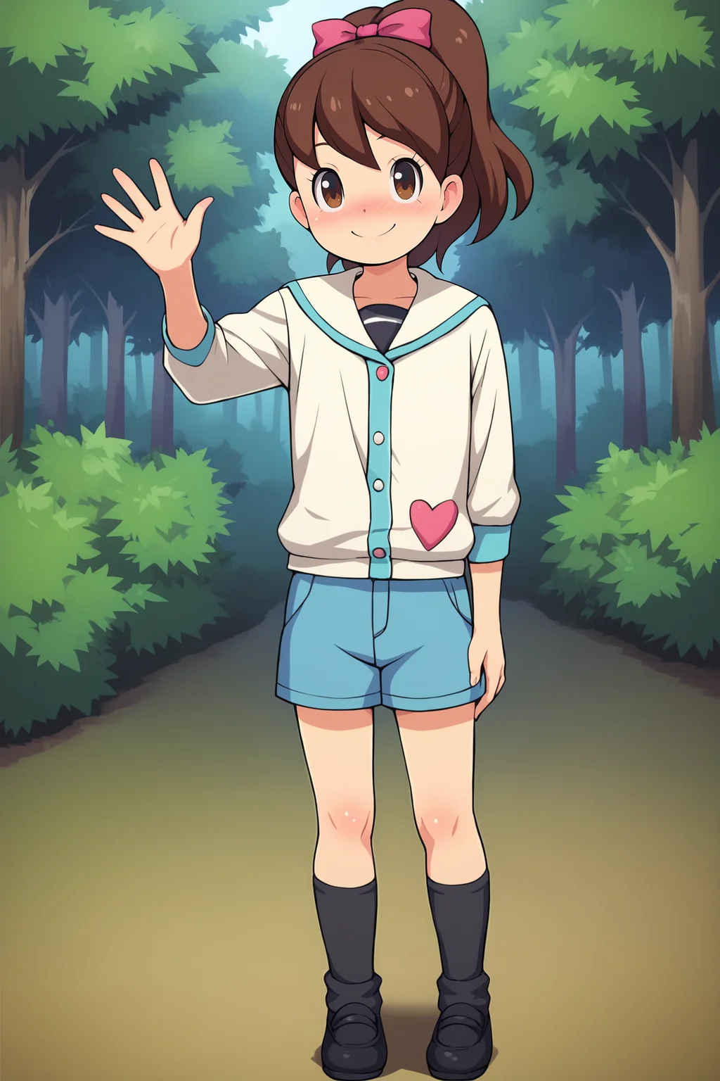 score_9, score_8_up, score_7_up, score_6_up, BREAK, KatieYWPXL, brown eyes, brown hair, short hair, bangs, high ponytail, hair ribbon, pink ribbon, flat chest, serafuku, white jacket, striped shirt, blue shorts, short shorts, black socks, loose socks, black shoes, solo, full body, standing, waving, seductive smile, looking at viewer, naughty face, nose blush, forest, tree <lora:KatieYWPXL:1>