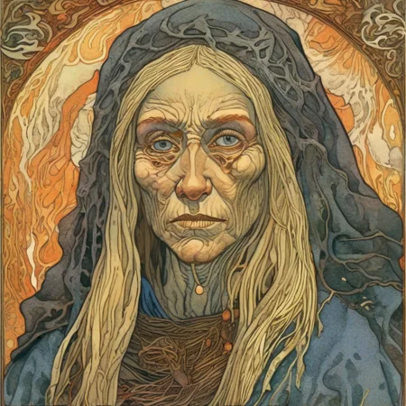 Ivan Bilibin Style - Medium Portrait detailed face - a Slavic woman witch, her face is aged and etched with spiteful wrinkles. Her eyes glow with an unnatural inner fire, and her long, matted hair hangs like a tangled web. She wears tattered clothes adorned with bone charms and crudely drawn sigils.