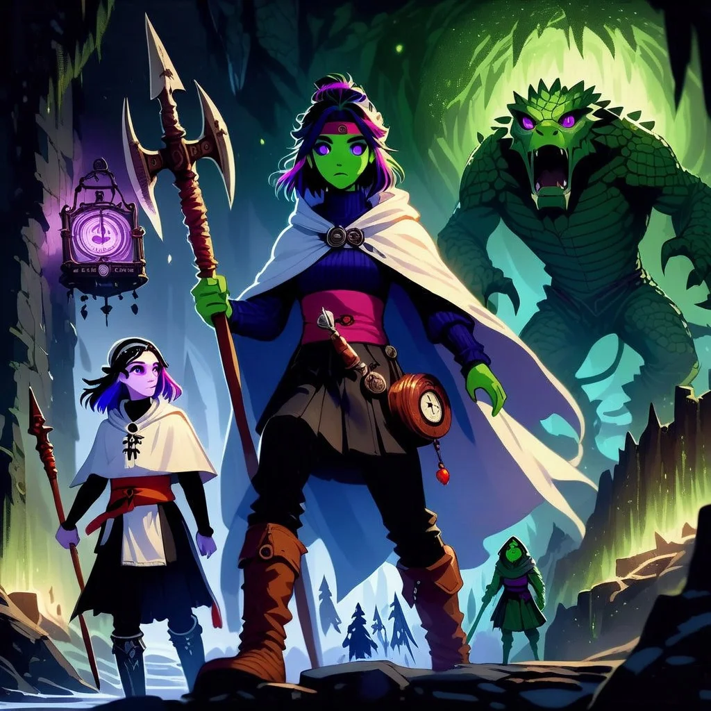bddstyle, clock, pleated skirt, knee boots, purple eyes, artist name, polearm, ribbed sweater, sash, half updo, green skin, black pants, multicolored hair, headband, lantern, nature, vampire, tail, eyeshadow, turtleneck, white cloak, hooded cloak, standing, axe in hand, volcano eruption,