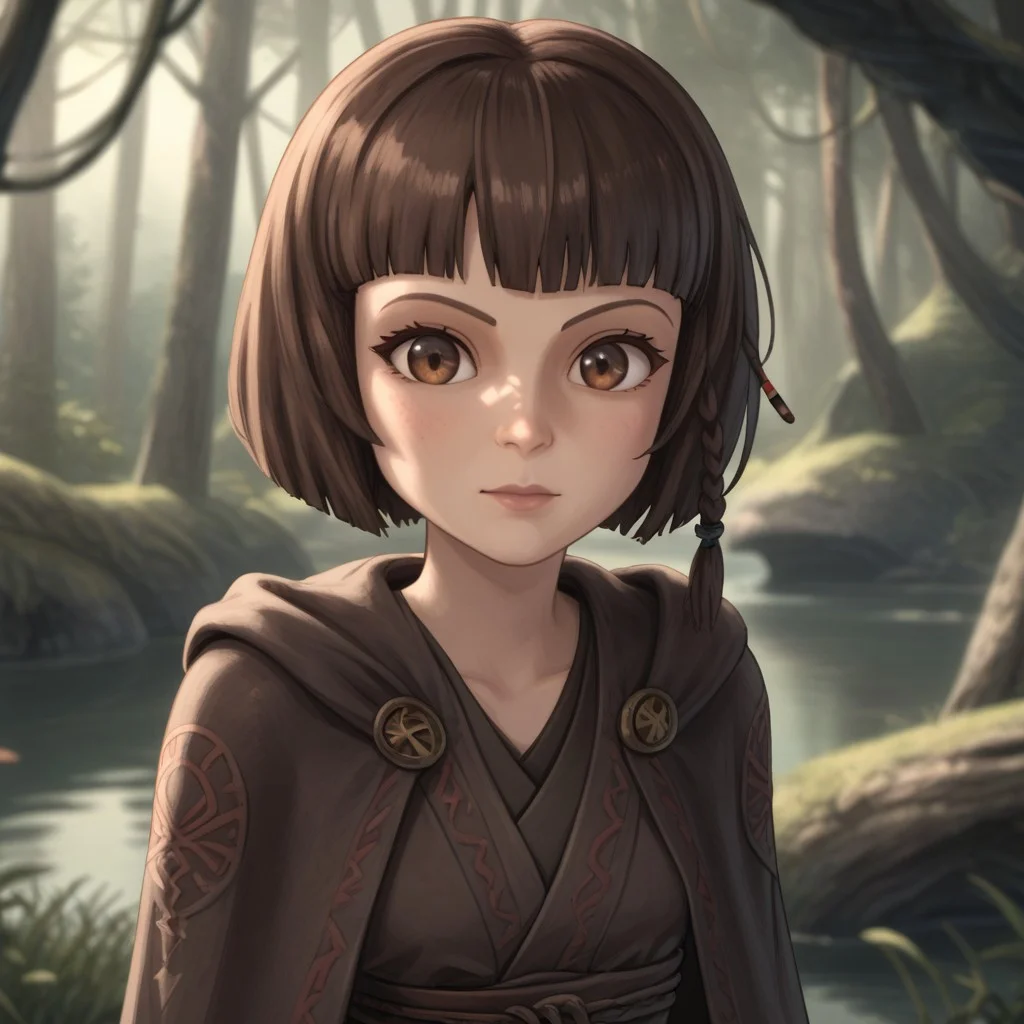 Kalifa, star wars, 1girl, jedi clothes, tunic, pale skin, puffy eyes, round face, solo, padawan braid, brown hair, brown eyes, upper body, cape, cloak, blurry, short hair, Bob cut, blurry background, science fiction, forest, grass, creek, stone