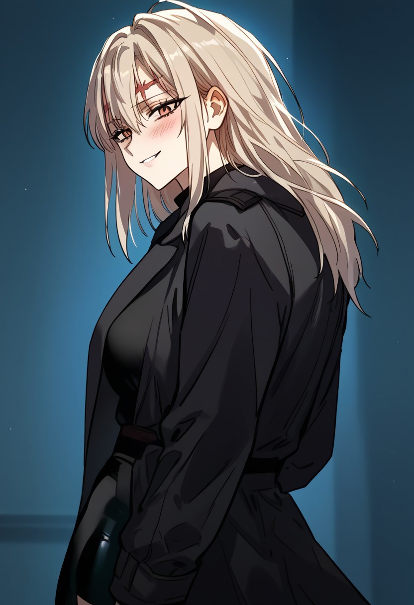 zPDXL3, score_9_up, score_8_up, score_7_up, (Anime_source), 1girl, Rachel, scar on head, brown eyes, light blonde hair, long hair, Black bodysuit, coat, strap, looking back, cowboy shot, looking at viewer, smile, little blush