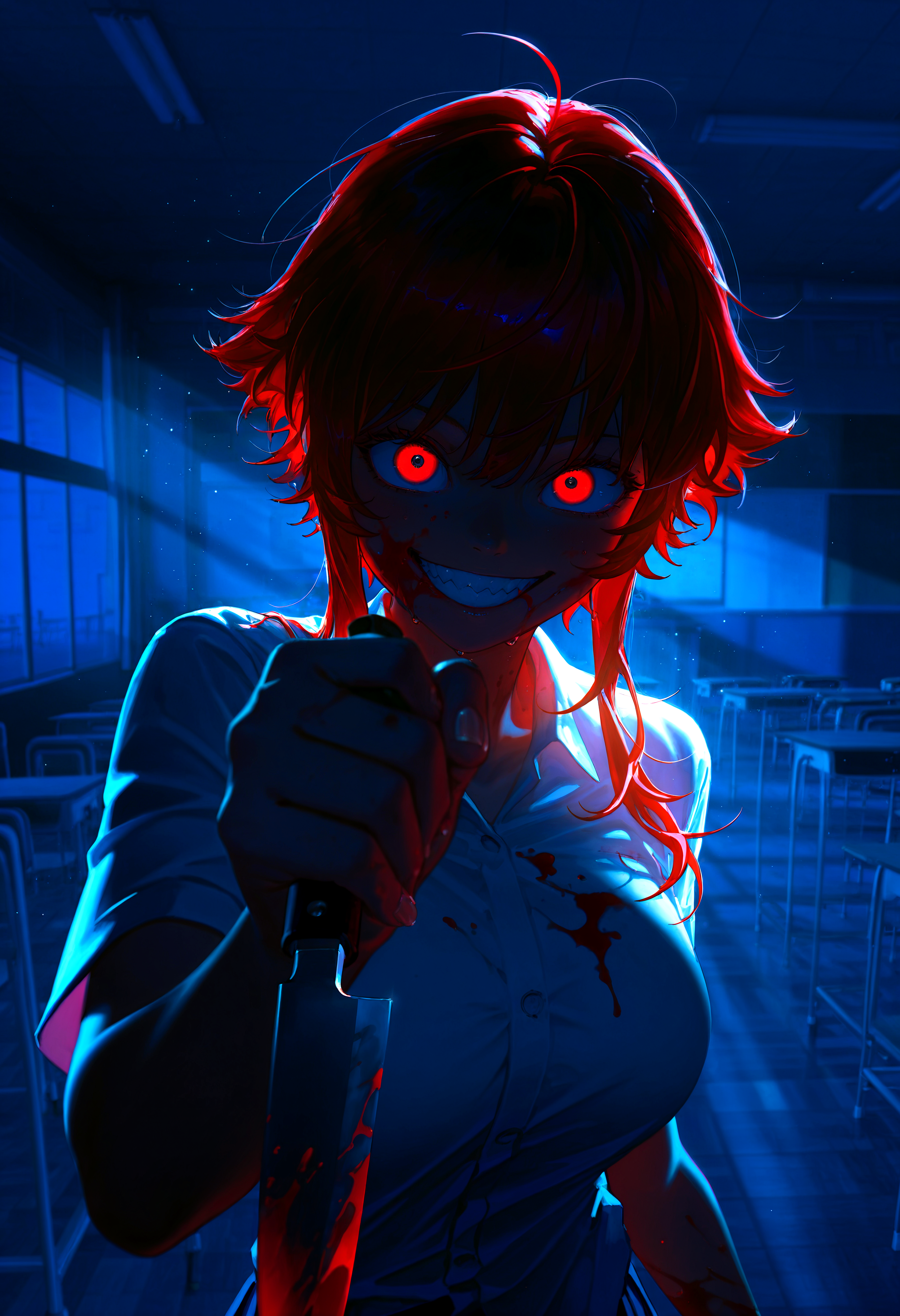 HDR, 8K, high contrast, masterpiece, best quality, amazing quality, very aesthetic, superabsurd res, high resolution, ultra-detailed, absurdres, newest, scenery, (horikoshi kouhei:0.3), (quasarcake:0.3), (wlop:0.3), light rays, chiaroscuro, dust, foreshortening, (close up:1.2), sns_saiko-chan, 1girl, red eyes, red hair, short hair with long locks, messy hair, ahoge, large breasts, yandere, perfect hands, fingernails, blood, blood on face, blood on clothes, holding knife, knife focus, looking at viewer, sanpaku, wide eyes, (wide grin:1.25), sharp teeth, school uniform, white shirt, short sleeves, classroom, night, fog, BREAK, photorealistic, beautiful detailed eyes, detailed skin, detailed hair, volumetric lighting, dappled light, light particles, dramatic shadows, cinematic lighting, photo background, depth of field, <lora:IL\KMS_SNS_Saiko_IL:0.7>