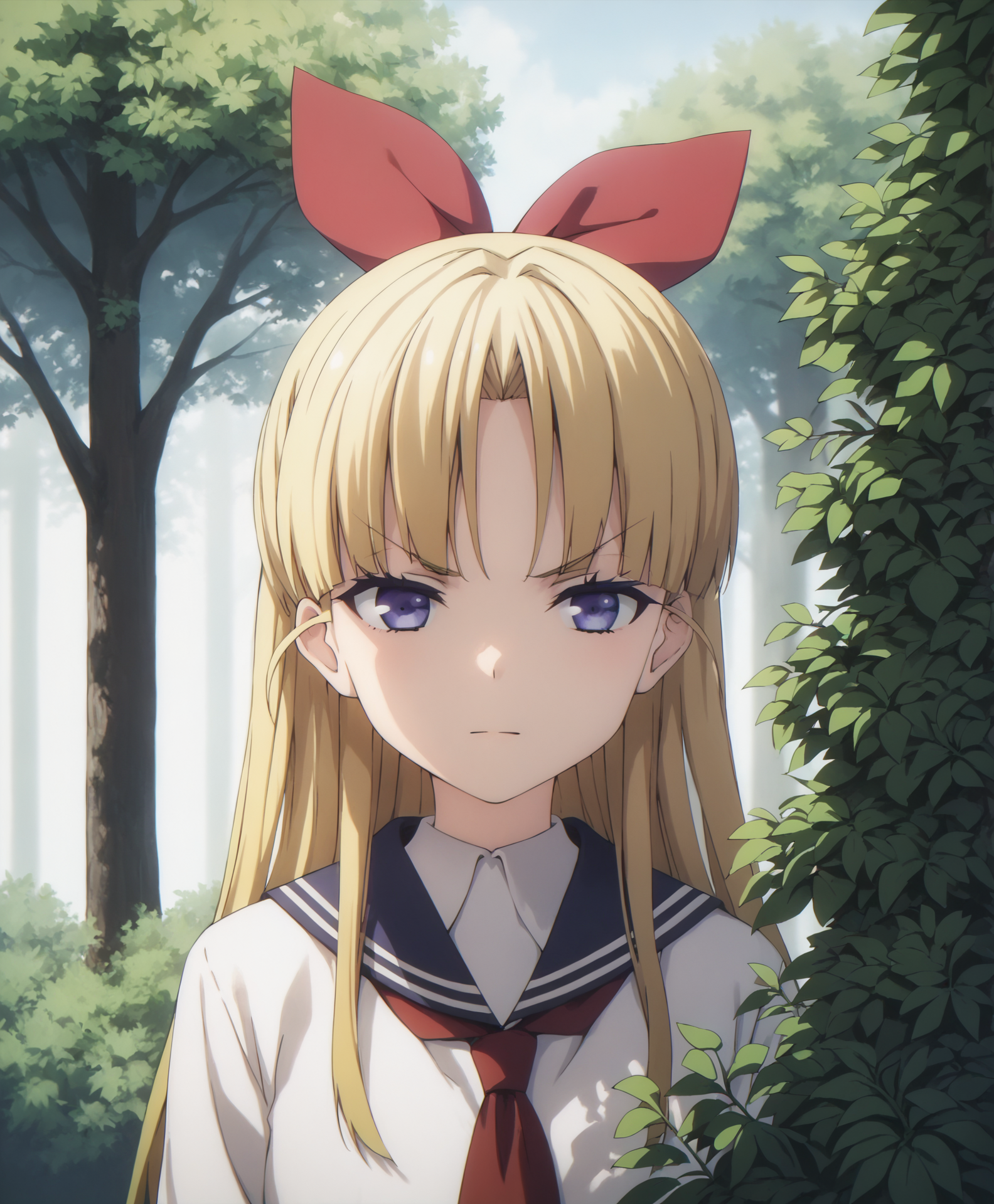 score_9, score_8_up, score_7_up, highres, hi res, best quality, masterpiece, 2d, intricate details, 4k, anime coloring, shadow, uncensored,
1girl, solo, female, long hair, blue eyes, blonde hair, bow, ribbon, purple eyes, hair bow, v-shaped eyebrows, >:\),
long sleeves, school uniform, serafuku, necktie, 
looking at another, upper body, portrait, 
outdoors, forest, bushes, branches, foliage, <lora:Warabi_Hanasaka1024_Pony:1>, busou shoujo machiavellism,