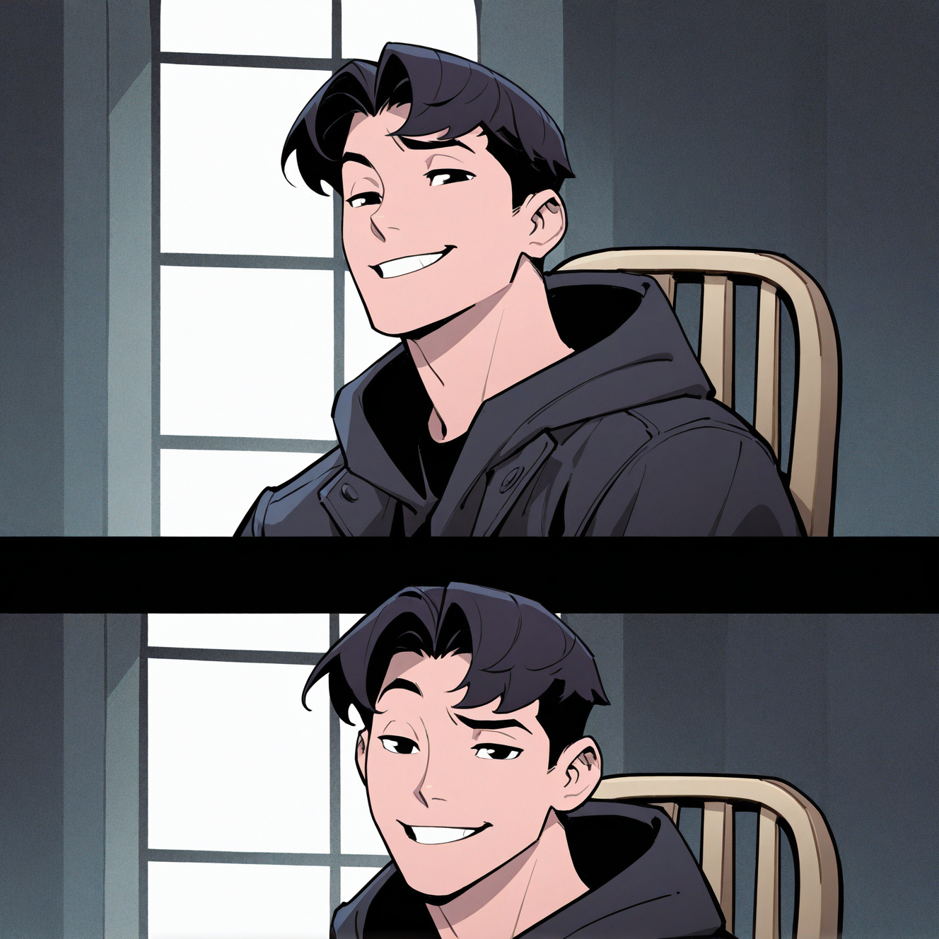 <lora:TIM_DRAKE:1>tim_drake, solo, looking at viewer, smile, short hair, shirt, black hair, 1boy, jacket, twenty-something, upper body, male focus, teeth, indoors, hood, grin, black eyes, window, chair, hood down, portrait, meme, smirk, smug, raised eyebrow, curtained hair, sitting, black jacket, parted bangs, motion blur, film grain, abstract, natural lighting, fantasy, cinematic, dynamic, very awa, masterpiece, best quality, absurdres, newest, perfect quality, detailed background, intricate details, (artist:fl \(l-fl\):0.7), (artist:tooboshoo:0.7), (artist:dizdoodz:0.8)