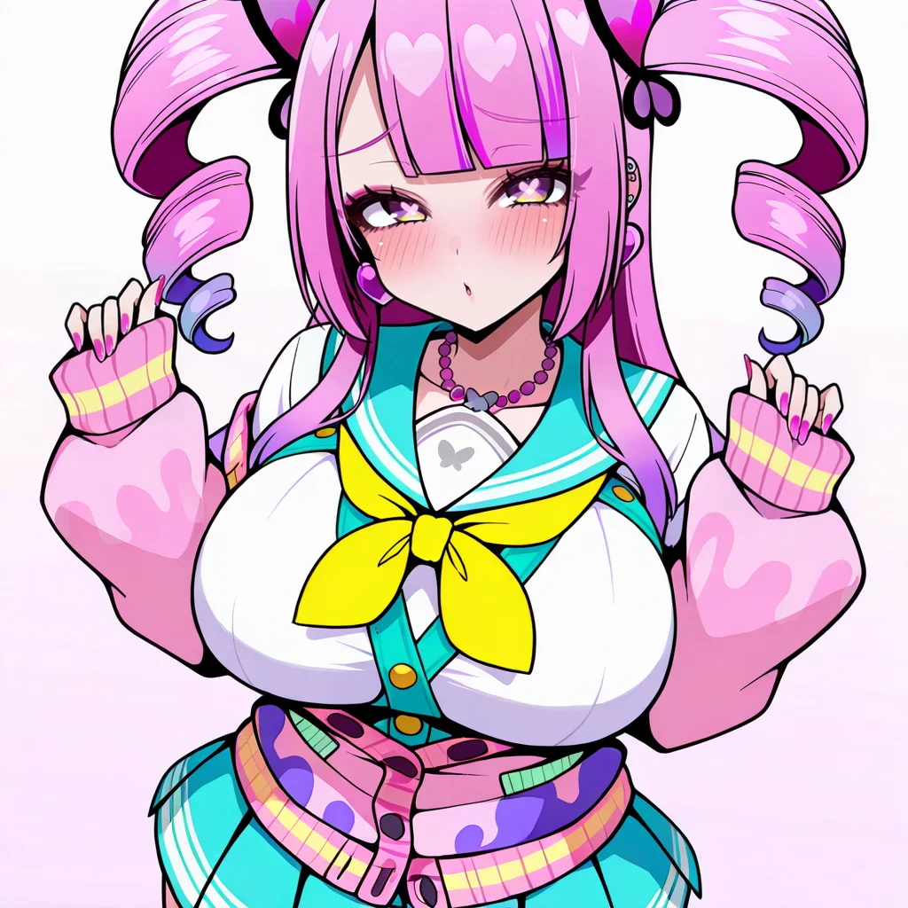 <lora:Chiamo0:1>,Chiamo \(bombergirl\),
1girl,Chiamo \(bombergirl\),simple background,solo,long hair,breasts,looking at viewer,gradient hair,
school uniform,blush,jewelry,heart,cardigan,sailor collar,necklace,serafuku,yellow neckerchief,long sleeves,skirt,shirt,pink cardigan,white shirt,hair ornament,nail polish,symbol-shaped pupils,twin drills,