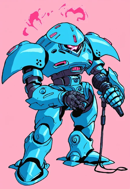 solo, holding microphone, standing, full body, source_cartoon, score_9, score_8_up, score_7_up, hygogg, hygogg_blue_armor, pink monoeye, simple background