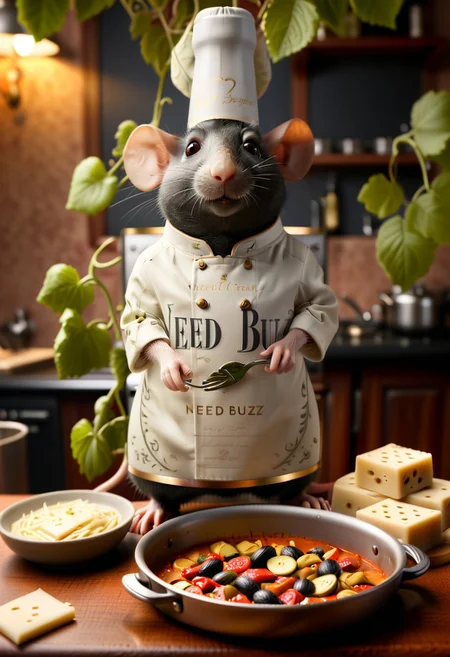 (a cook chef rat like AS  Ratatouille:1.3) STAY AT KITTCHEN TABLE WITH CHEESE AND VINE,  detailed Luxury style life background, close-up shot,  high budgeted Advertising poster of high quality and detail, text "Need buzz".