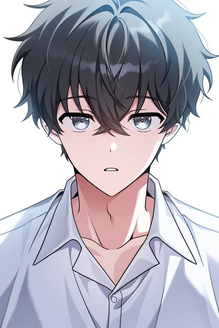 masterpiece, best quality, amazing quality, very aesthetic, high resolution, ultra-detailed, absurdres, newest, scenery, volumetric lighting, depth of field,anime screencap, , , 1boy, solo, male focus, <lora:kim_hajin:0.83>,kim hajin, black hair,grey eyes,short hair,looking at viewer, shirt, simple background,white background, hair between eyes, collarbone, white shirt, upper body, parted lips, collared shirt,