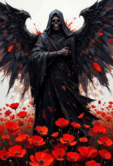stylish portrait of a grim reaper ripped and tattered cloak in the wing, abstract surreal style. minimalist style. black, white and red colors, into the dark. field of red poppies, 

<lora:FLUX-daubrez-DB4RZ-v2:0.85>,  
<lora:Midjourney_-_SemiReal_Dreams_FLUX_LoRA:0.5>,
 <lora:Epic-detail_FLUX:0.25>