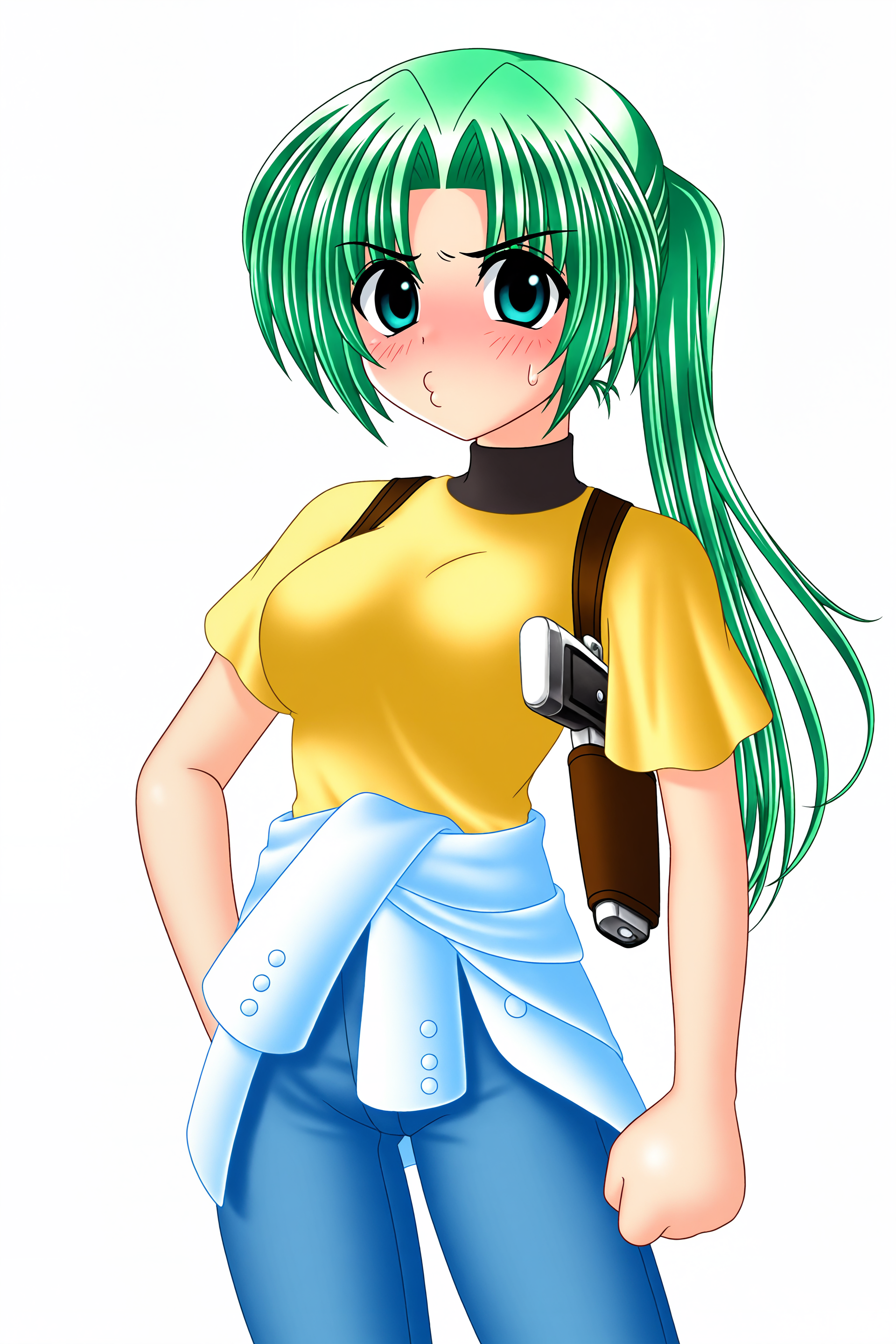 higurashiog, 1girl, solo, long hair, breasts, looking at viewer, blush, blue eyes, shirt, medium breasts, standing, green eyes, ponytail, weapon, short sleeves, cowboy shot, green hair, pants, sweatdrop, hand on own hip, gun, turtleneck, transparent background, t-shirt, handgun, yellow shirt, holster, clothes around waist, thigh holster, jacket around waist, puckered lips, o3o, curtained hair, holstered, shoulder holster, sonozaki mion, 
(masterpiece, best quality, absurdres, highres), very awa, 