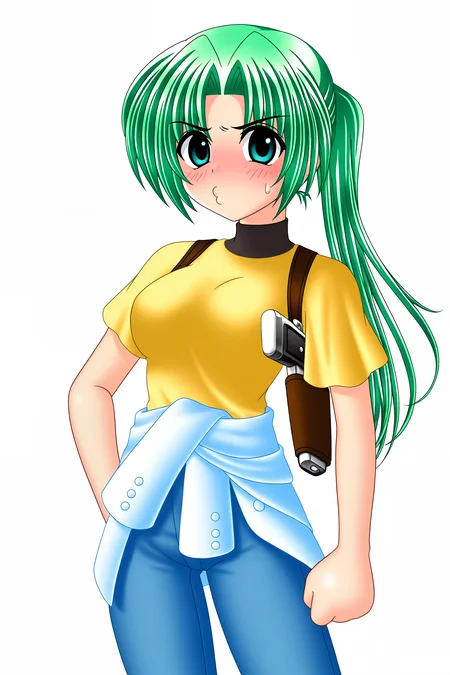 higurashiog, 1girl, solo, long hair, breasts, looking at viewer, blush, blue eyes, shirt, medium breasts, standing, green eyes, ponytail, weapon, short sleeves, cowboy shot, green hair, pants, sweatdrop, hand on own hip, gun, turtleneck, transparent background, t-shirt, handgun, yellow shirt, holster, clothes around waist, thigh holster, jacket around waist, puckered lips, o3o, curtained hair, holstered, shoulder holster, sonozaki mion, 
(masterpiece, best quality, absurdres, highres), very awa, 