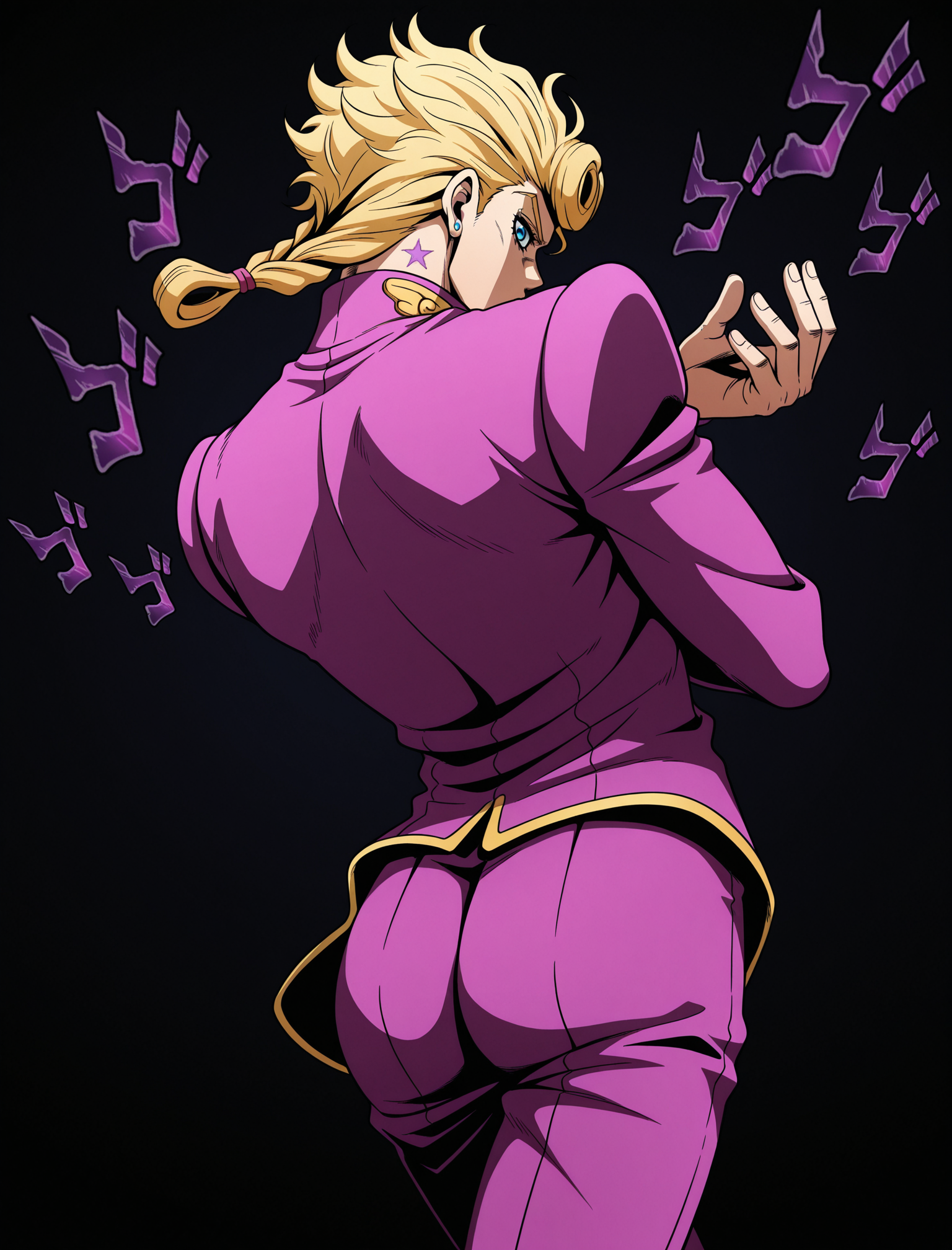 1boy, solo, giorno giovanna, jojo no kimyou na bouken, vento aureo, long blonde hair, purple clothes, araki hirohiko,
<lora:dio-brandos-pose-illustriousxl-lora-nochekaiser:0.8>, dio brandos pose, dio brando's pose (jojo), back, ass, from behind, jojo pose, standing, cowboy shot, leaning back, star shaped bruise on neck skin,
simple dark background, (menacing \(jojo\)), 
general, masterpiece, best quality, anime coloring,