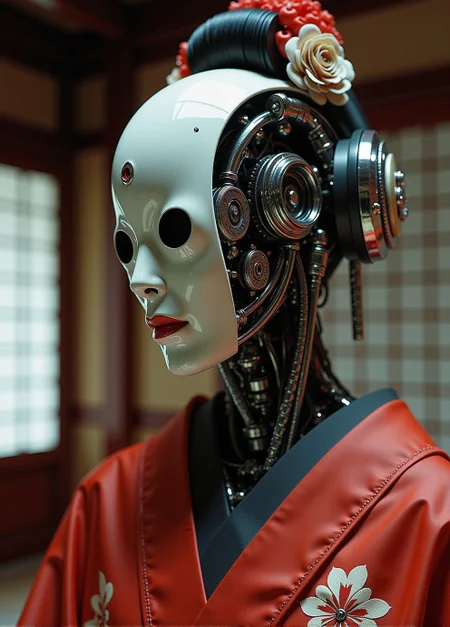 <lora:ck-Neurocore-Realistic-Cyborgs:1> woman Geisha is an android, the plastic cyborg mask is open, the mechanical parts of the robot are visible inside, the android is very sinister and dangerous, from the epic movie Ghost in Armor, erie japanese teahouse background, (style by George Shaw), shallow depth of field, vignette, (Fujicolor Superia X-TRA 400),