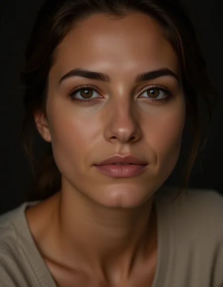 Close-up shot of a woman in a studio with dramatic lighting, focusing on her facial details, skin texture, and intense expression. She wears neutral colors, creating a timeless and classic portrait.