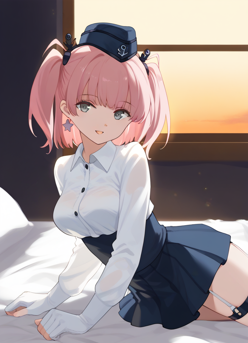 score_9, score_8_up, score_7_up, masterpiece, best quality, absurdres, official art, official style, (anime screencap, megami magazine:1.2), zPDXL2, zPDXLxxx, <lora:Shibafu_Style_Pony_v1:0.8>, 1girl, solo focus, shibafu_style, <lora:atlanta-08:0.8>, atlantaKC,pink hair, grey eyes, large breasts, long sleeves, jewelry, white shirt, white gloves, black skirt, star (symbol), two side up, dress shirt, thigh strap, garter straps, high-waist skirt, single earring, suspender skirt, partially fingerless gloves, garrison cap, star earrings, anchor hair ornament <lora:neg4all_bdsqlsz_xl_V91:1.0> <lora:ALTXL_pony_0061_8:2.0>, <lora:detailed_hands-000002:1>, hand bedroom, on bed, bed sheet, evening, sunset, dim lighting, light particles, on stomach, from side open eyes, parted lips, smile, looking at viewer,