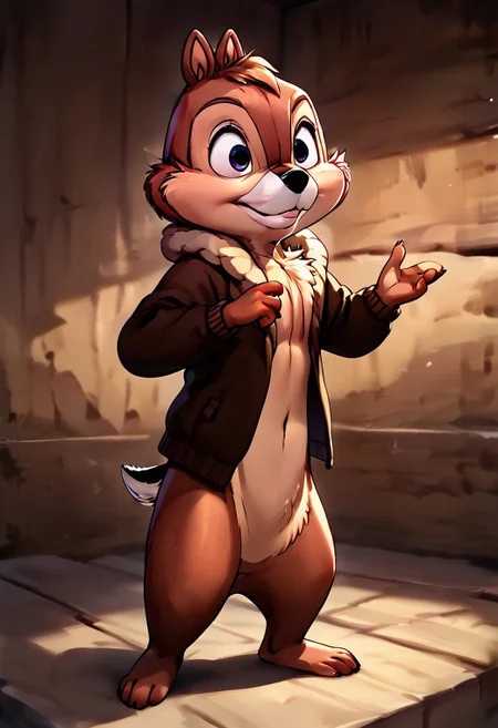 zPDXL2, score_9, score_8_up, score_7_up, highly detailed fur, score_6_up, Cartoon, detailed background, 4k, ultra detailed, hi_res, full body view, 1boy, Chip_chipmunk, chipmunk boy, anthro chipmunk, 4 fingers on each hand, 4 toes on each foot, detailed face, highly detailed, one tail, big eyes, front view