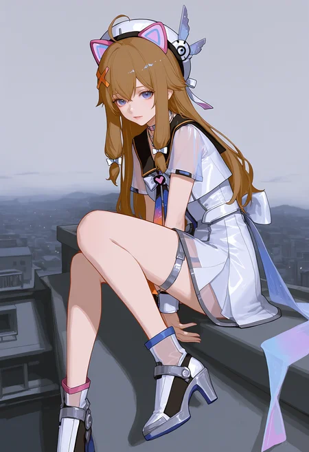 (1girl),(solo),blue eyes,ahoge,jiaran\(asoul\),brown hair,golden hair,hair ornament,bow,long hair,jiaranezn,x hair ornament,see-through,short sleeves,fake animal ears,choker,necklace,hat,white dress,thigh strap,high heels,
champi,tuzhate,yao liao wang,
sitting on the edge of a rooftop,turning back to look at the viewer,overcast sky,gloomy atmosphere,heavy mood,distant houses in the background,urban landscape,long hair flowing slightly,melancholic expression,wearing a simple outfit,legs hanging off the edge,somber lighting,cool color palette,muted tones,soft shadows,rooftop details,dramatic composition,emotional intensity,
best quality,ultra-detailed,masterpiece,very aesthetic,cinematic lighting,focus on the girl,evocative and atmospheric,depth of field,realistic textures,from side,
<lora:Dianatest4-000022:0.7>,<lora:748cmSDXL:0.7>,